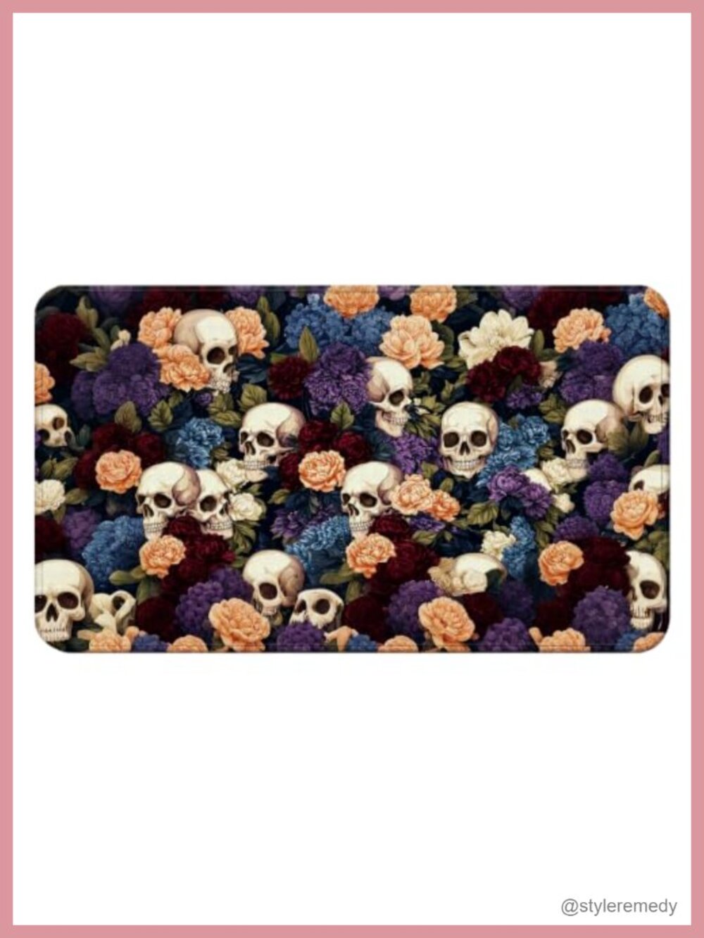 Floral Gothic Skull Door Mat 17x30in Rubber Backed Linen Surface